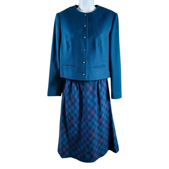 Vtg Pendleton Wool 2pc Suit Set Blue Blazer Plaid Skirt Academia Cottagecore USA - Picture 2 of 13